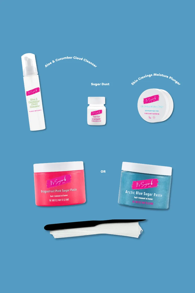 Sugar Fix Kit on blue background. Cleanser, Sugar Dust, Moisturiser, pink & blue sugar paste for hair removal. Eco reusable applicator and strips.