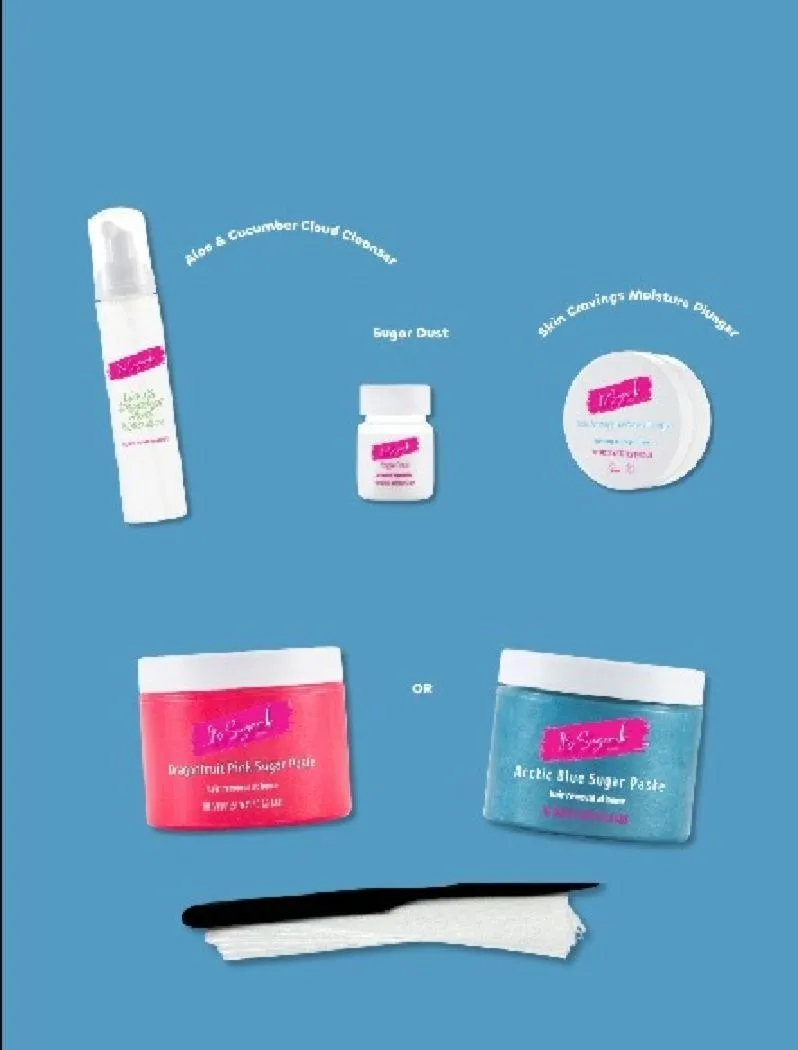 Sugar Fix Kit on blue background. Cleanser, Sugar Dust, Moisturiser, pink & blue sugar paste for hair removal. Eco reusable applicator and strips.