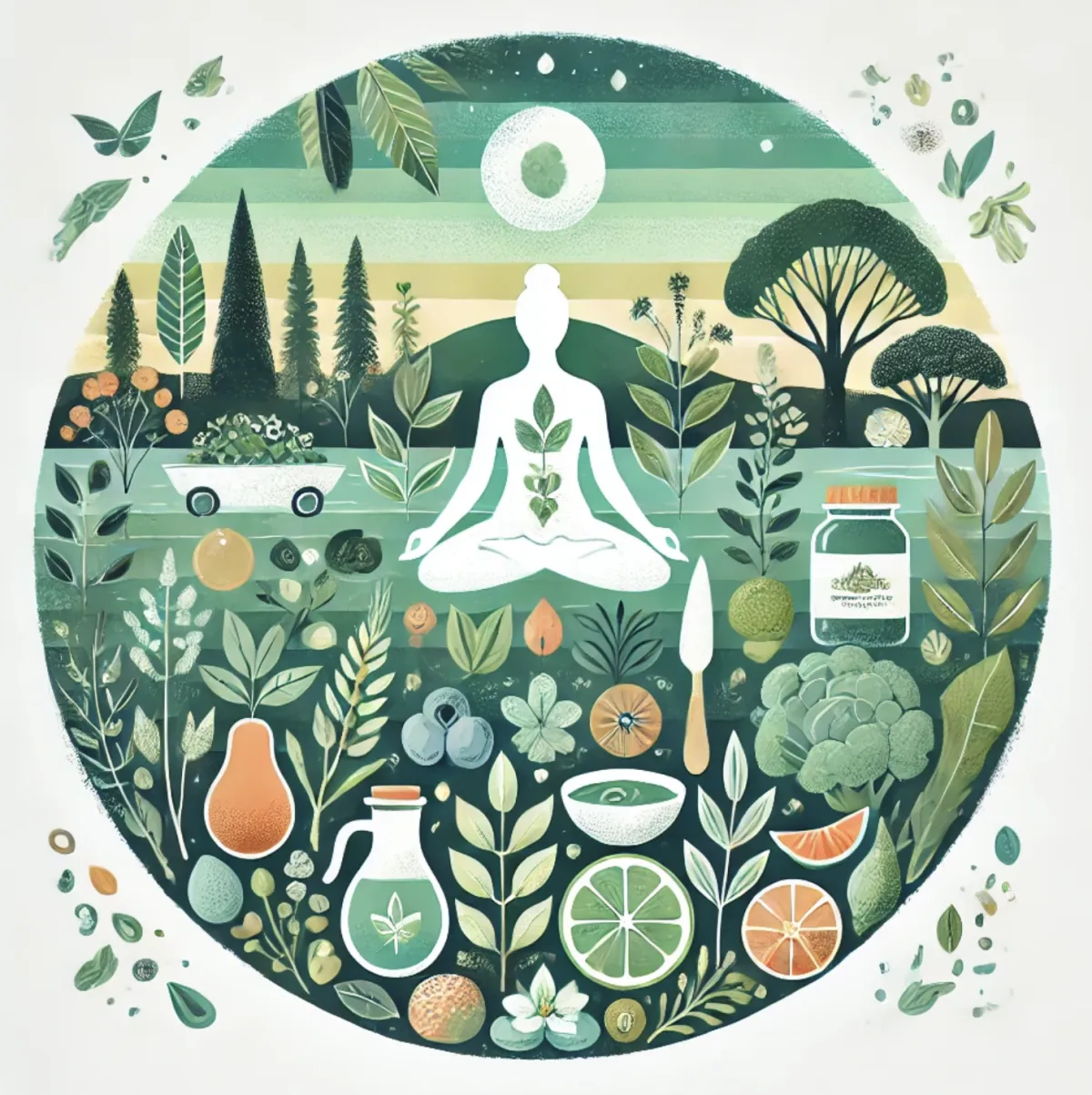 A peaceful and inviting image representing holistic lifestyle and wellness during recovery. It features elements of healthy living such as fresh fruits, vegetables, and herbs, alongside symbols of mental well-being like a meditating figure or serene natural scenery. The colors are soothing greens, blues, and earthy tones, evoking a sense of calm and balance.