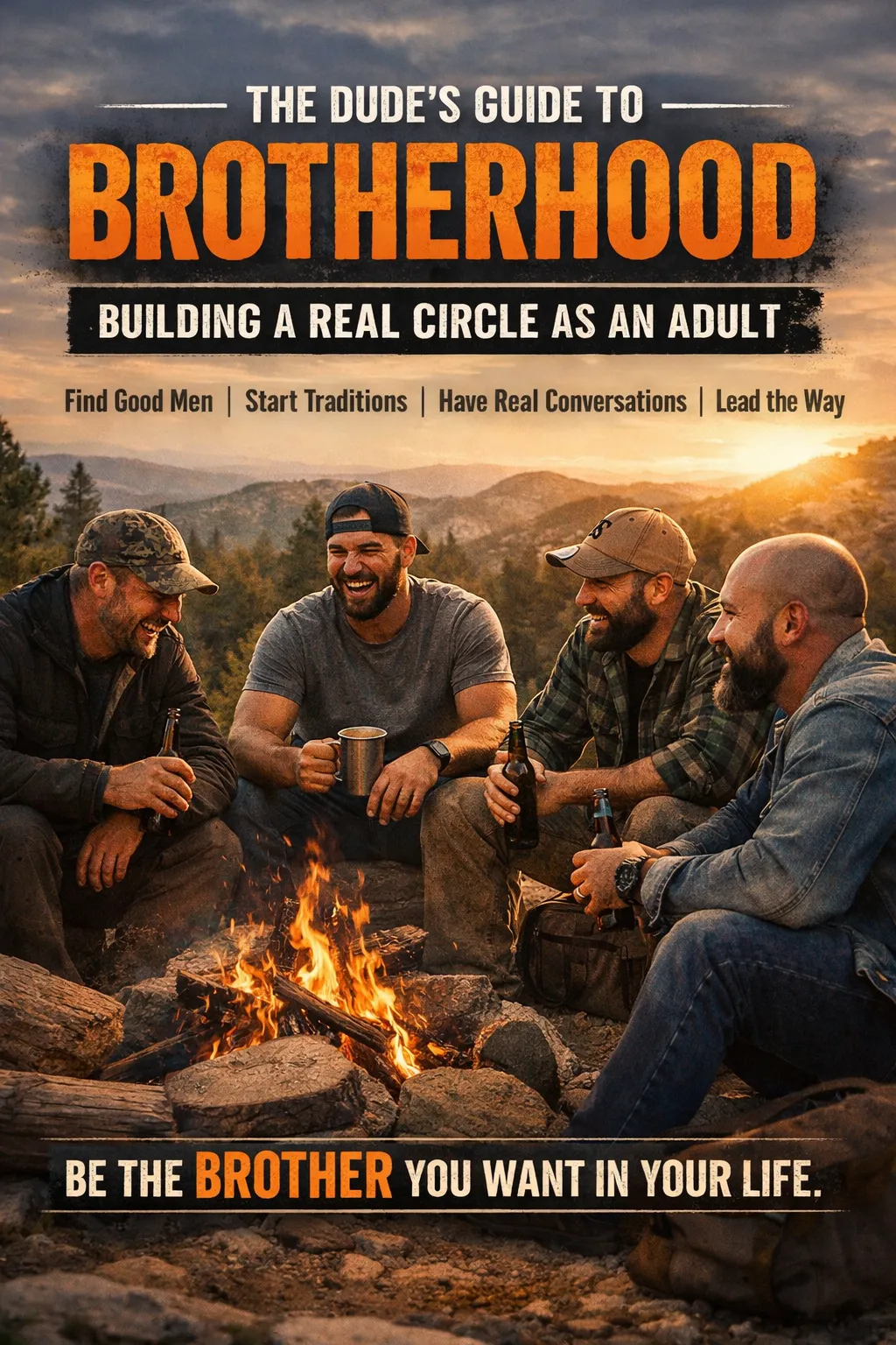 Four adult men sit around a campfire on a mountain overlook at sunset, laughing and holding drinks, with bold text reading “The Dude’s Guide to Brotherhood: Building a Real Circle as an Adult” and the tagline “Be the brother you want in your life.”