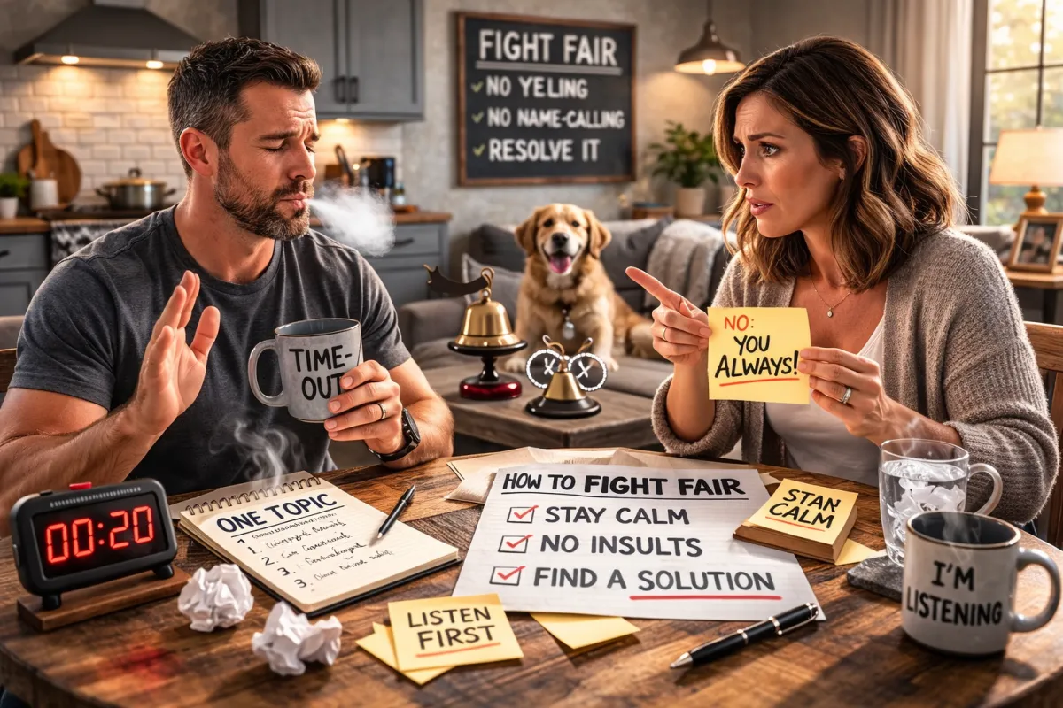Photorealistic couple in a modern kitchen using “fight fair” tools—she holds a TIME-OUT card and a note that says “No ‘You Always!’” while he practices deep breathing and holds a notepad reading “One Topic Only,” with a dog watching in the background.