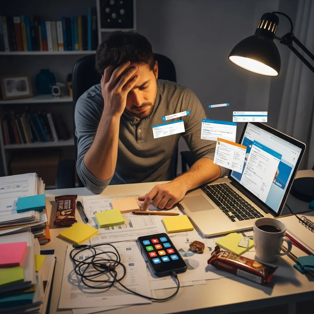 "Overwhelmed business owner surrounded by papers and sticky notes, struggling without a CRM system"