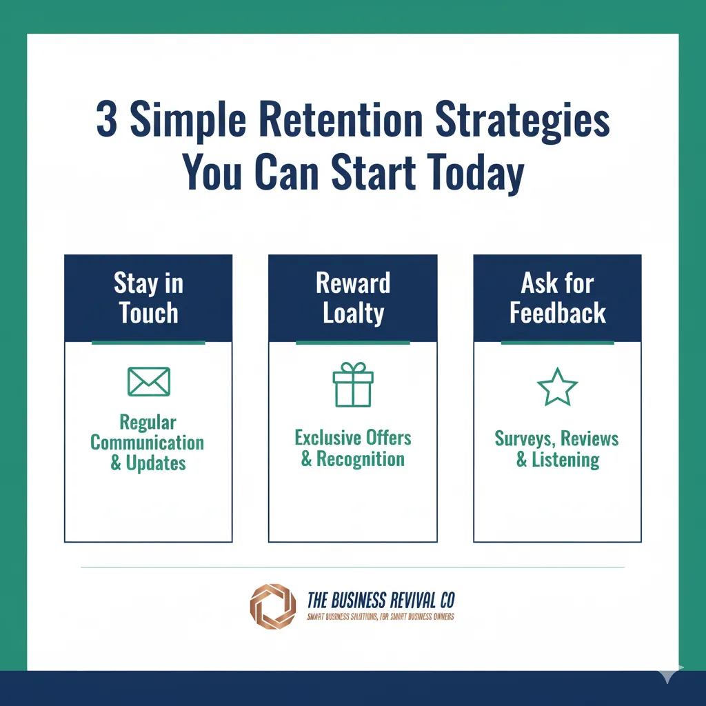 Infographic highlighting three pillars of customer retention—communication, loyalty, and feedback