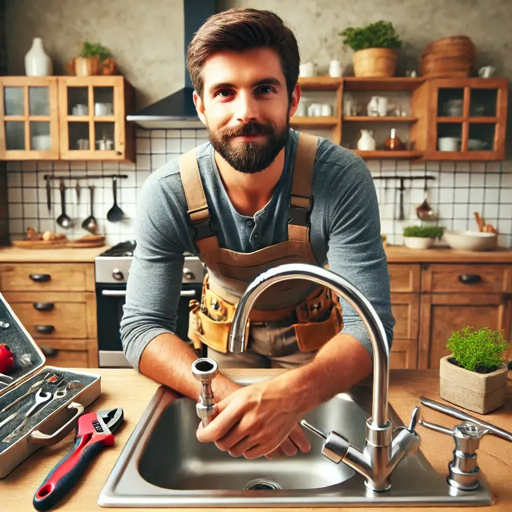 A handyman repairing a leaky faucet, representing common home repairs in Durham, NH.
