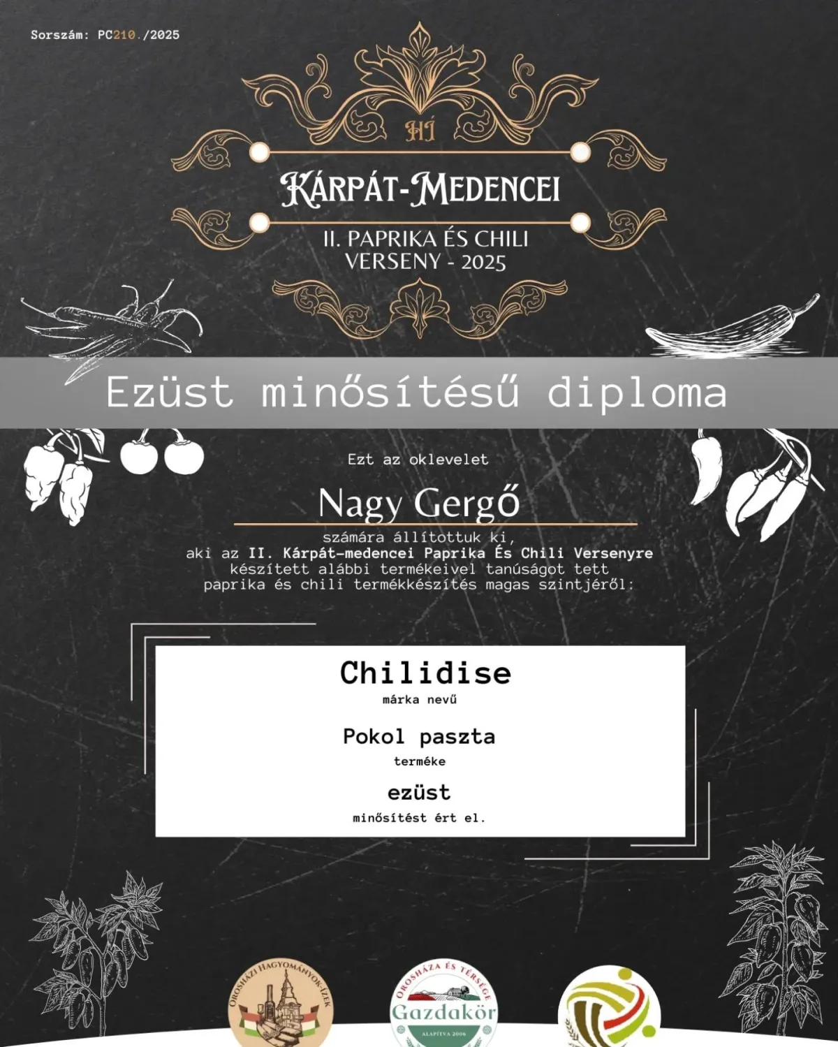 Kárpát-medencei Chili és Paprika Verseny oklevél