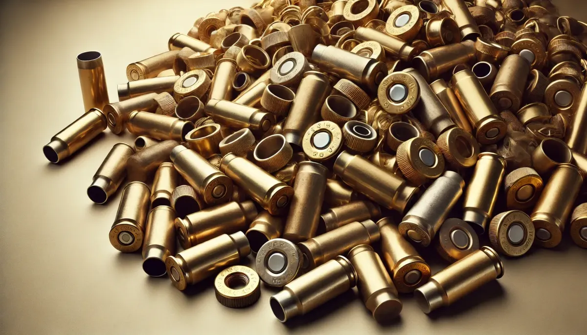 A pile of empty brass shell casings of various sizes and types spread out on a clean surface, illustrating the concept of brass shell casing recycling. The image highlights the potential for recycling these materials, making it relevant for anyone searching for "brass shell casing recycling near me" in Las Vegas.