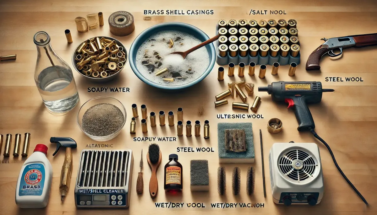 An image depicting different methods on how to clean brass shell casings without a tumbler, including a bowl of soapy water, a vinegar and salt solution, steel wool, an ultrasonic cleaner, and a wet/dry vacuum setup, all arranged on a clean workspace.