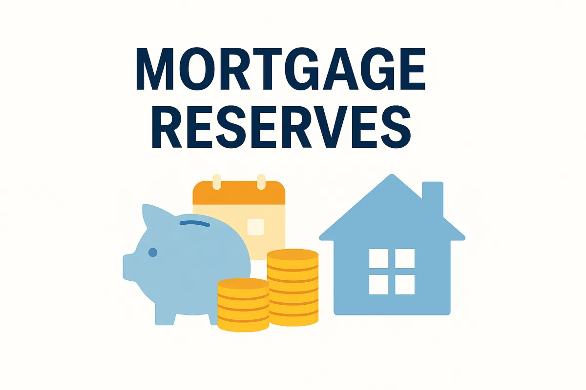 A flat-style digital illustration featuring mortgage reserves, including stacked coins, a piggy bank, and a house icon to represent financial savings required for loan approval.
