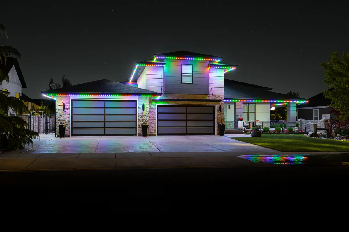 Trimlight permanent holiday lights on a home in Torrance, California
