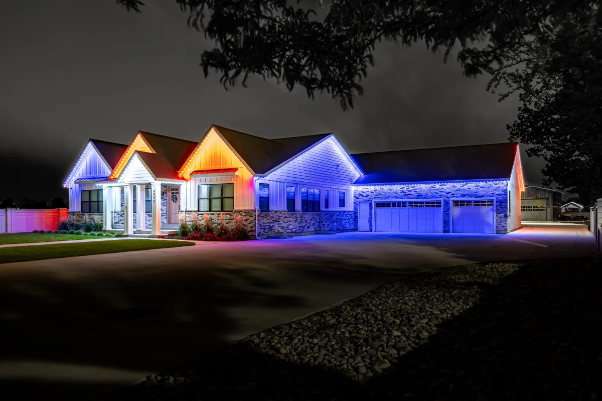 Trimlight permanent holiday lights on a home in Manhattan Beach, California