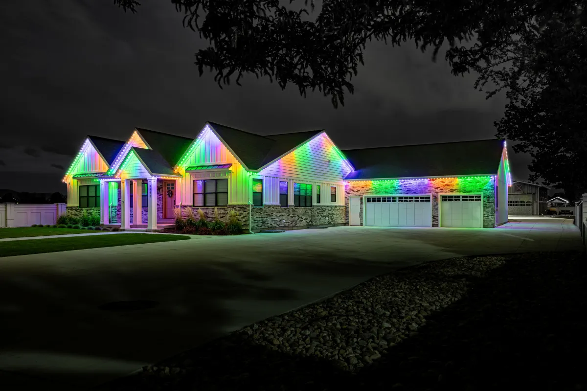 Trimlight permanent holiday lights on a home in Long Beach, California