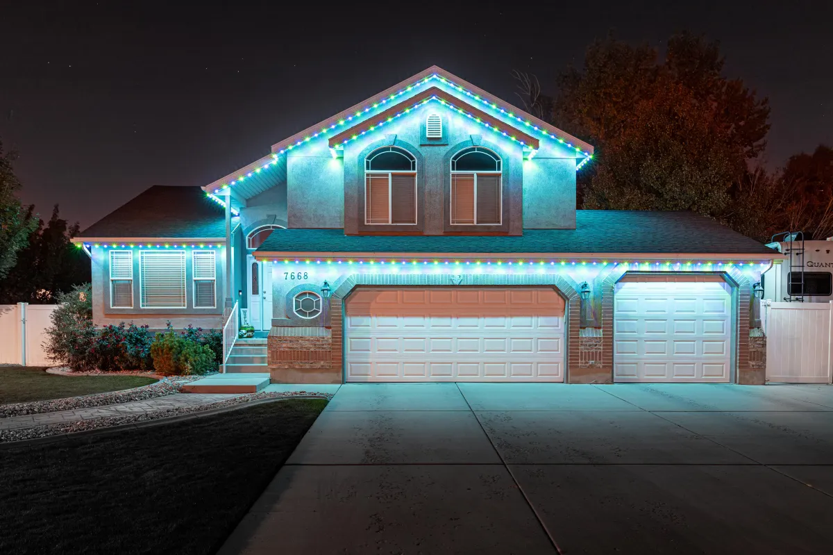 Trimlight permanent holiday lights on a home in Manhattan Beach, California