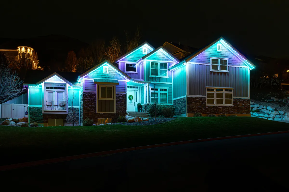 Trimlight permanent holiday lights on a home in Torrance, California