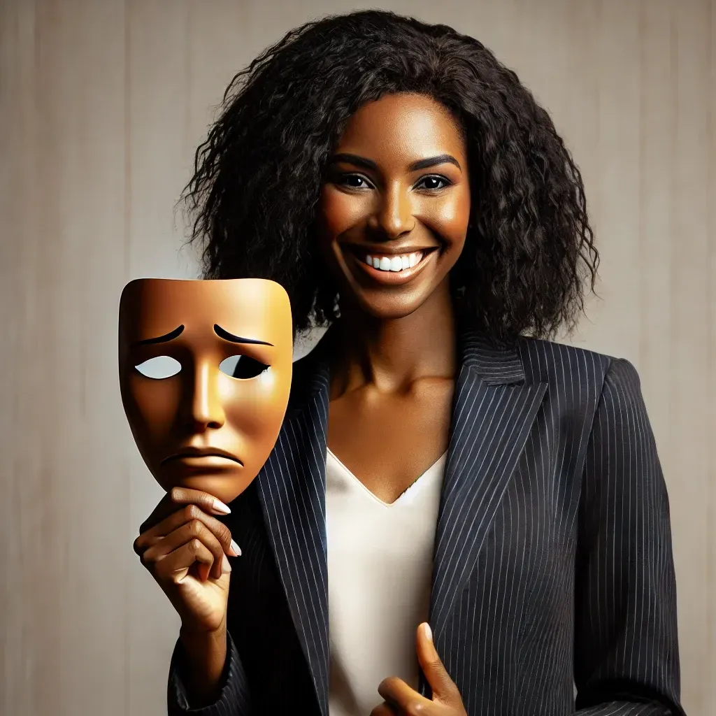 Smiling woman holding a mask with a sad face, representing the theme of unmasking imposter syndrome.
