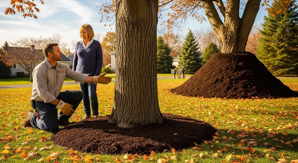 tree specialist showing home owner proper mulching