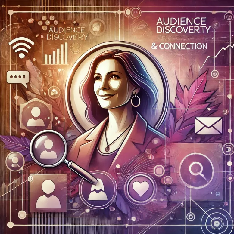 Illustration of a confident woman surrounded by digital icons and elements representing audience discovery and connection, including magnifying glass symbols, profile icons, and analytics charts, with a vibrant and modern design theme