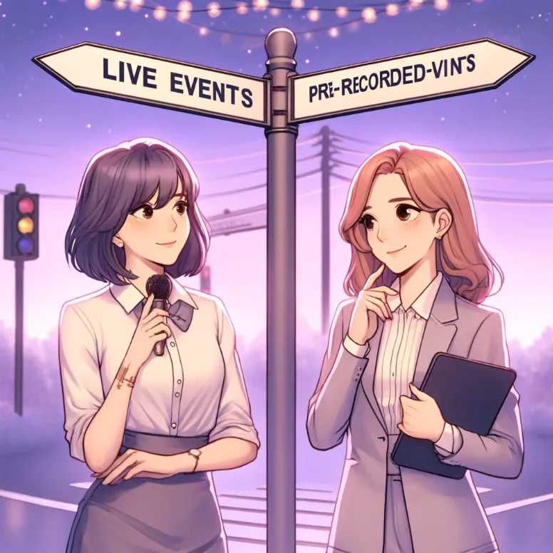 Illustration of two professional women over 40 standing at a crossroads with signs labeled 'Live Events' and 'Pre-Recorded Events'. One holds a microphone, the other a laptop, symbolizing the choice between live and pre-recorded virtual events.