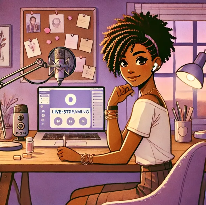 Illustration of a confident woman in her late 40s prepping for a virtual live event at her desk, surrounded by tech tools like a mic, webcam, and laptop. Purple tones convey calm and simplicity.