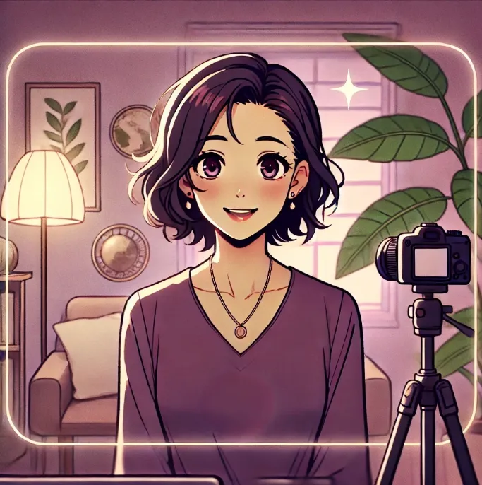 Anime-style illustration of a confident woman in her late 40s recording herself on camera in a cozy, softly lit room. The image uses purple tones to reflect warmth, clarity, and presence.