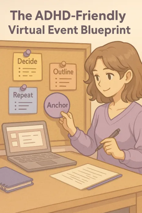 Anime-style illustration of a woman in a lavender sweater holding a sticky note labeled “Anchor” next to a corkboard showing the steps “Decide,” “Outline,” “Anchor,” and “Repeat,” with a laptop and notepad on a desk in a softly lit, calming workspace.