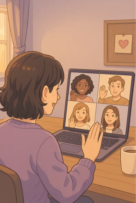 Anime-style illustration of a woman in a lavender sweater waving at a laptop during a virtual meeting with a diverse group of smiling attendees. The cozy, softly lit scene reflects online connection, community, and warmth.
