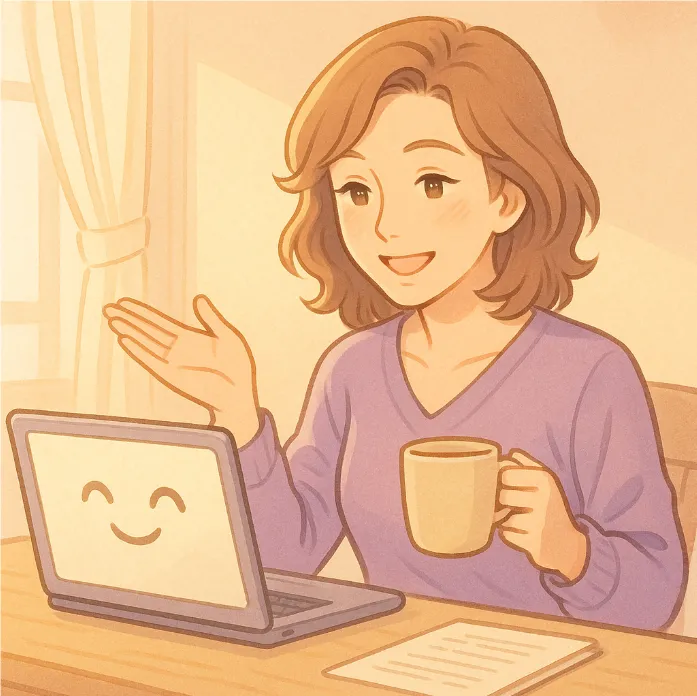 Illustration of a woman in a lavender sweater smiling at her laptop with a warm drink in hand. The laptop shows a happy face, representing AI as a helpful virtual assistant. The scene is cozy, sunlit, and styled in soft anime tones.