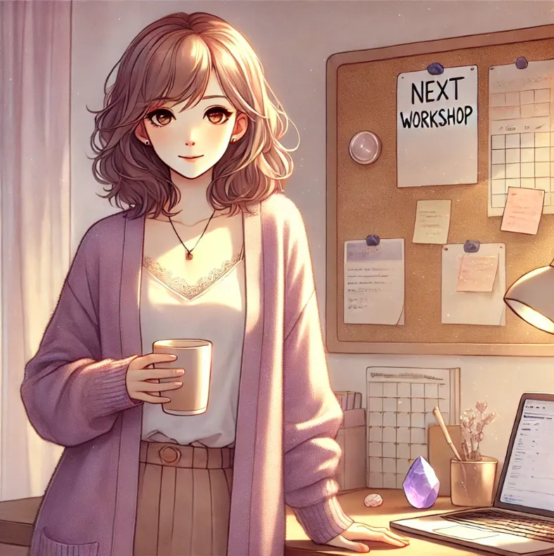 Illustration of a light-skinned woman in her late 40s standing in a cozy, sunlit workspace, gently touching a “Next Workshop” sticky note on a corkboard. She holds a warm drink, with a laptop and planner on the desk, in soft purple tones and a subtle anime style.