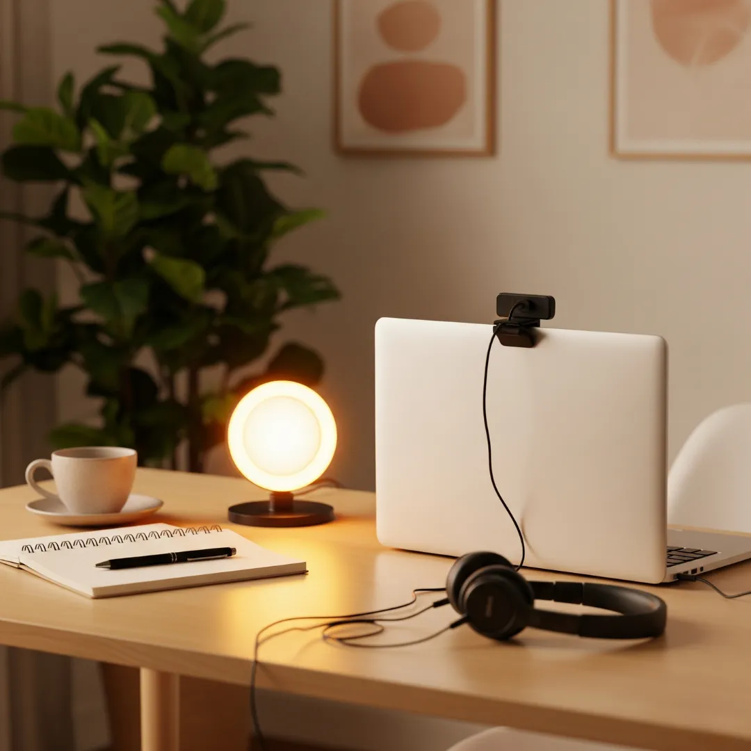 Minimalist home office setup with a laptop, webcam, ring light, and headphones in a cozy, empowering workspace - ideal for ADHD women entrepreneurs hosting virtual events.