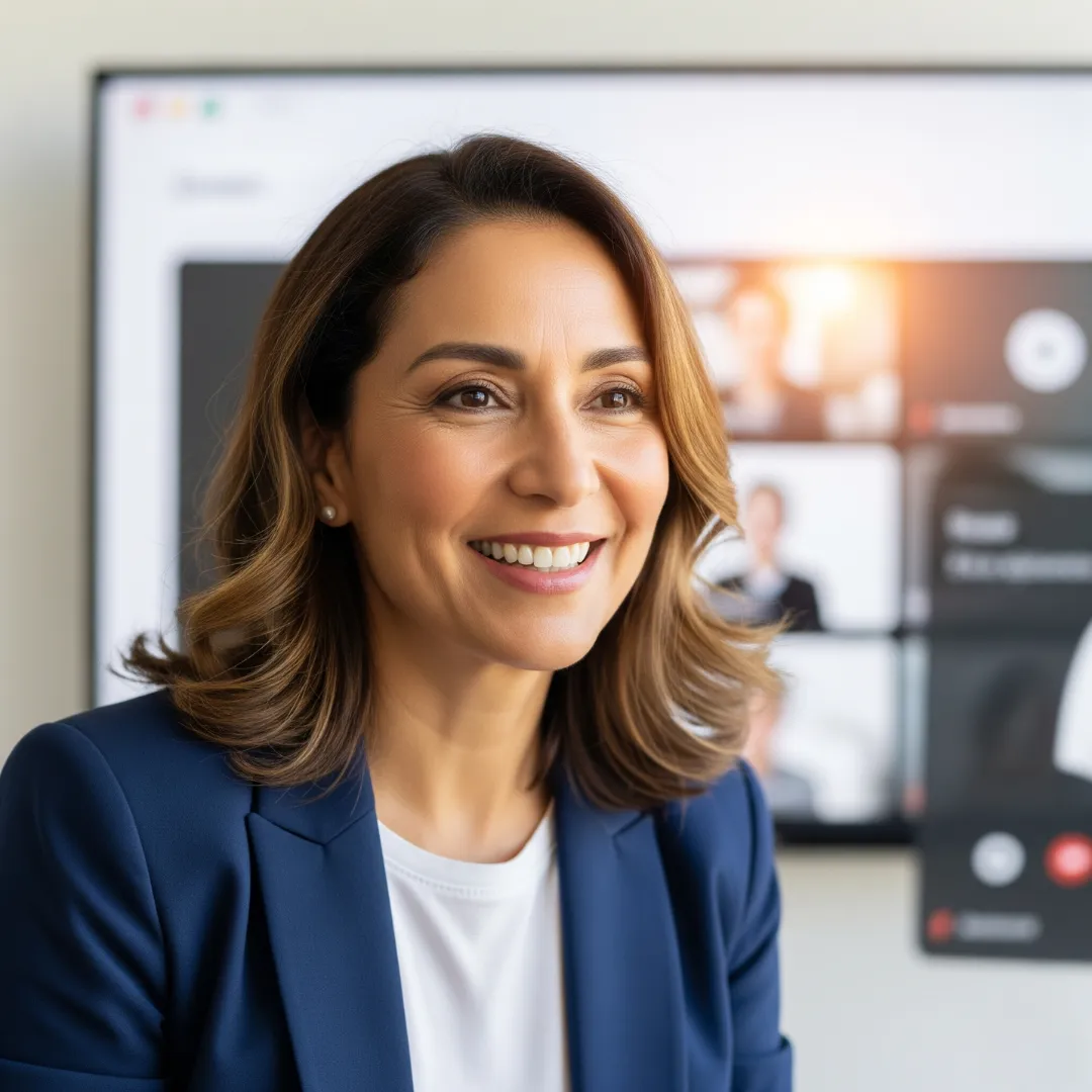 Candid image of a mid-40s woman of diverse ethnicity laughing and gesturing casually in a lived-in home office, representing authentic, relaxed on-camera presence.
