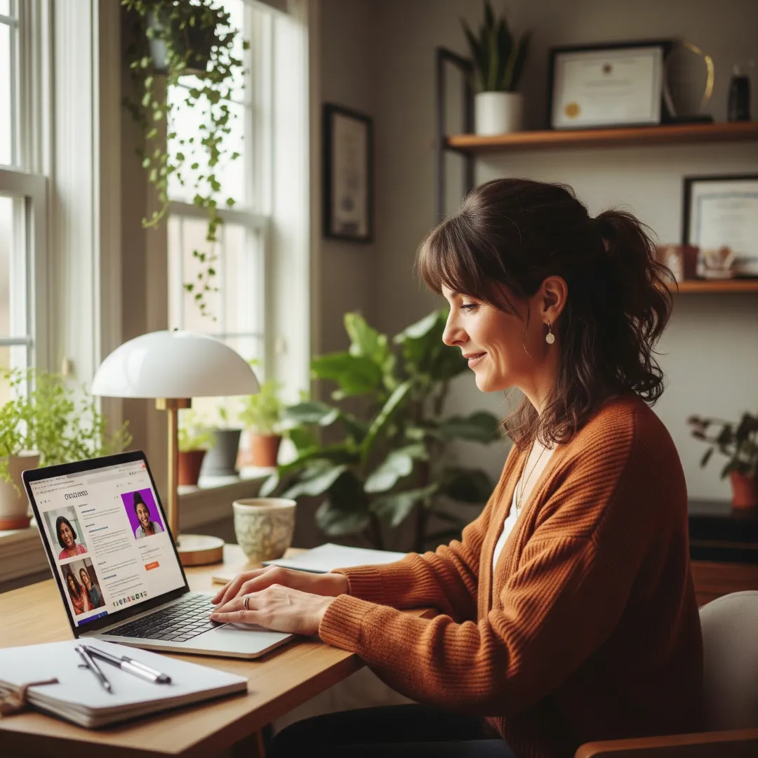 Woman in her 40s to 50s smiling while using a laptop in a plant-filled home office, representing the ease and connection of mini virtual events for entrepreneurs.