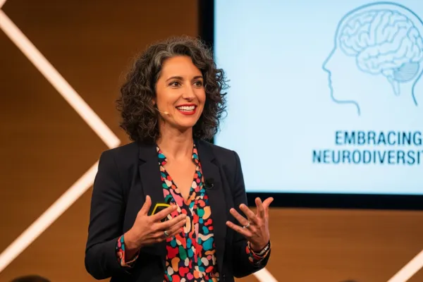 Illustration of a confident woman in her late 40s, speaking  with open body language. She has a calm expression and is suggesting safety, confidence, and connection in a virtual event setting.
