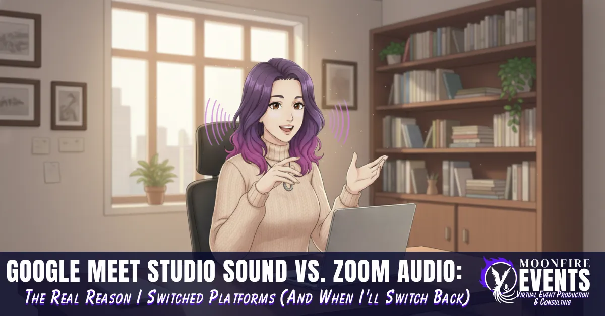 Woman presenting confidently during virtual event with AI noise cancellation filtering background sounds in home office