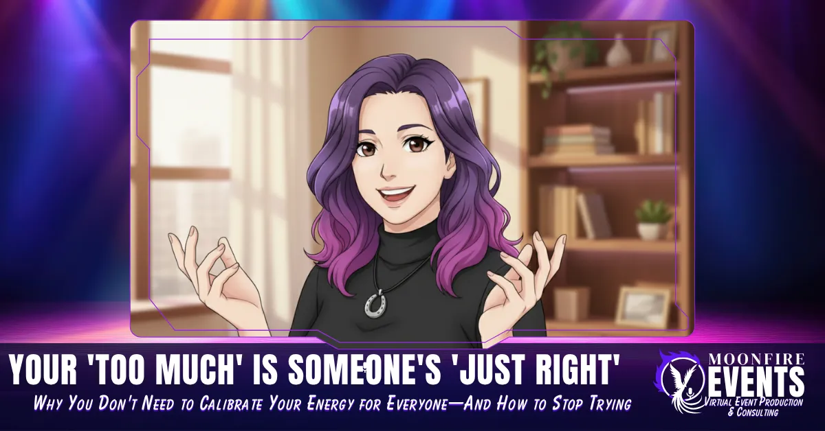 Woman presenting authentically with natural gestures and confident energy, purple illustration, neurodivergent presenter