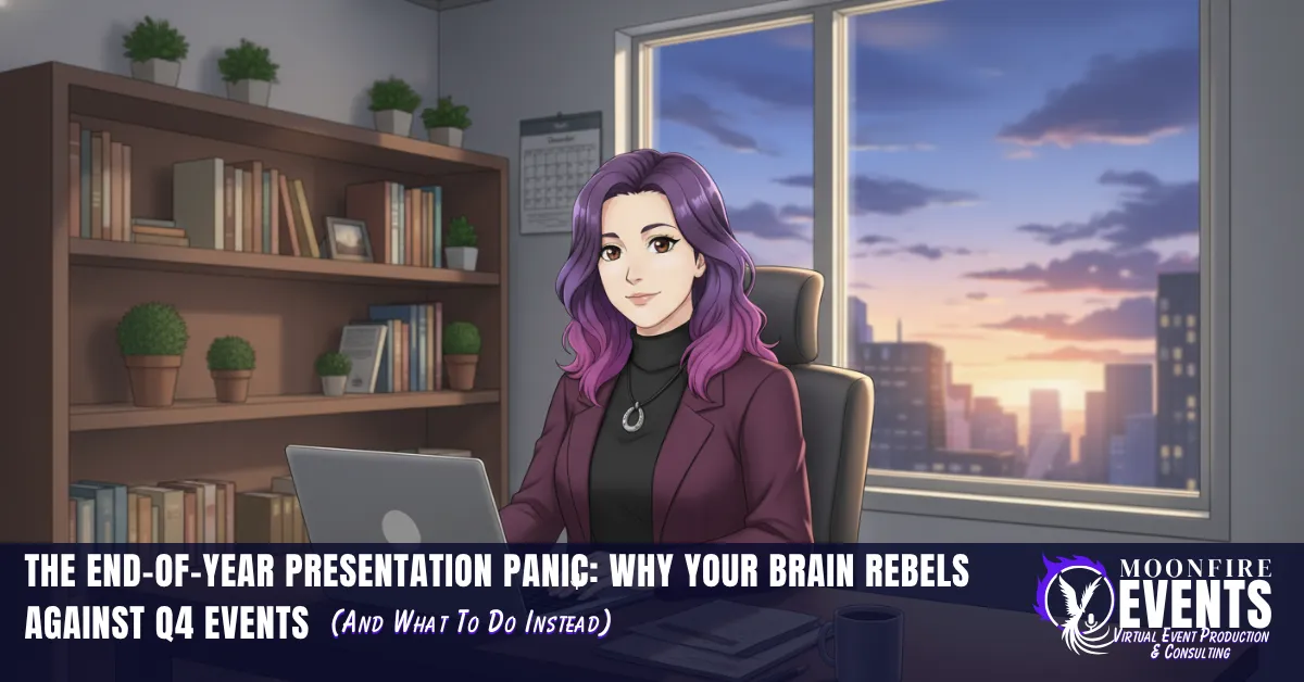 Confident neurodivergent woman in her 40s with a laptop setting Q4 boundaries, illustrated in purple tones