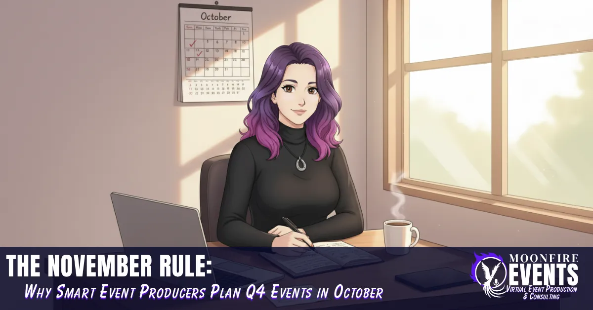 Confident neurodivergent woman planning Q4 events in October at organized desk with calendar, preventing November burnout