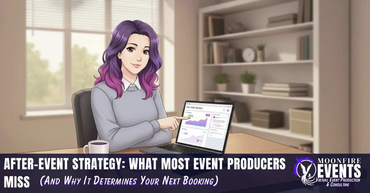 Event producer desk setup showing post-event checklist, engagement metrics, and follow-up system templates for virtual conferences