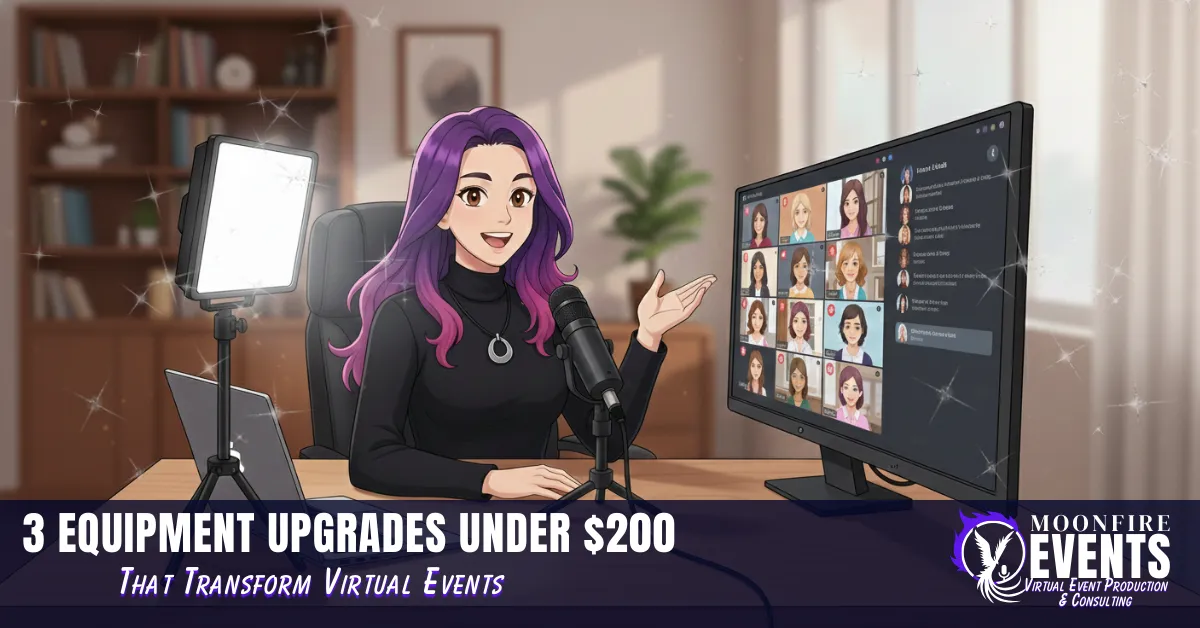 Confident woman presenting virtual event from home office with USB microphone and LED panel light on desk