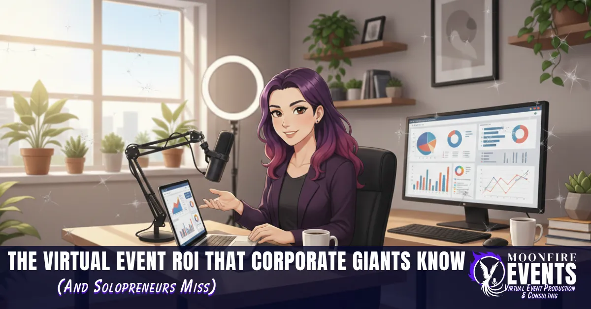 Professional woman reviewing virtual event ROI data at modern home office with microphone and production equipment