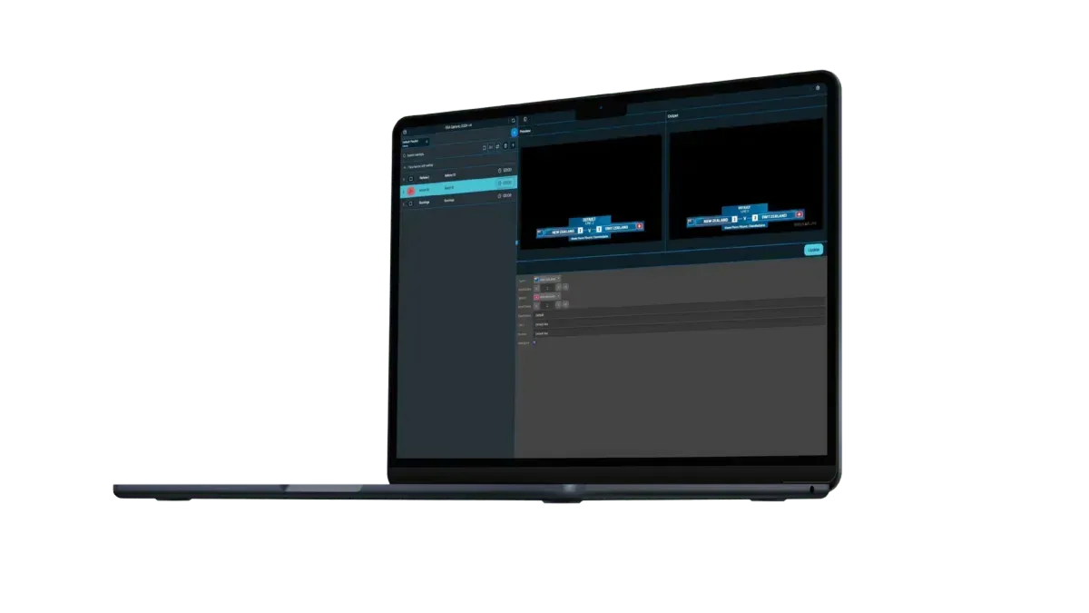 Mockup  of a Singular.live playlist-based control application built for Stream Craft Studios, showing custom UI graphics, score bugs, and clocks for live sports broadcast production.
