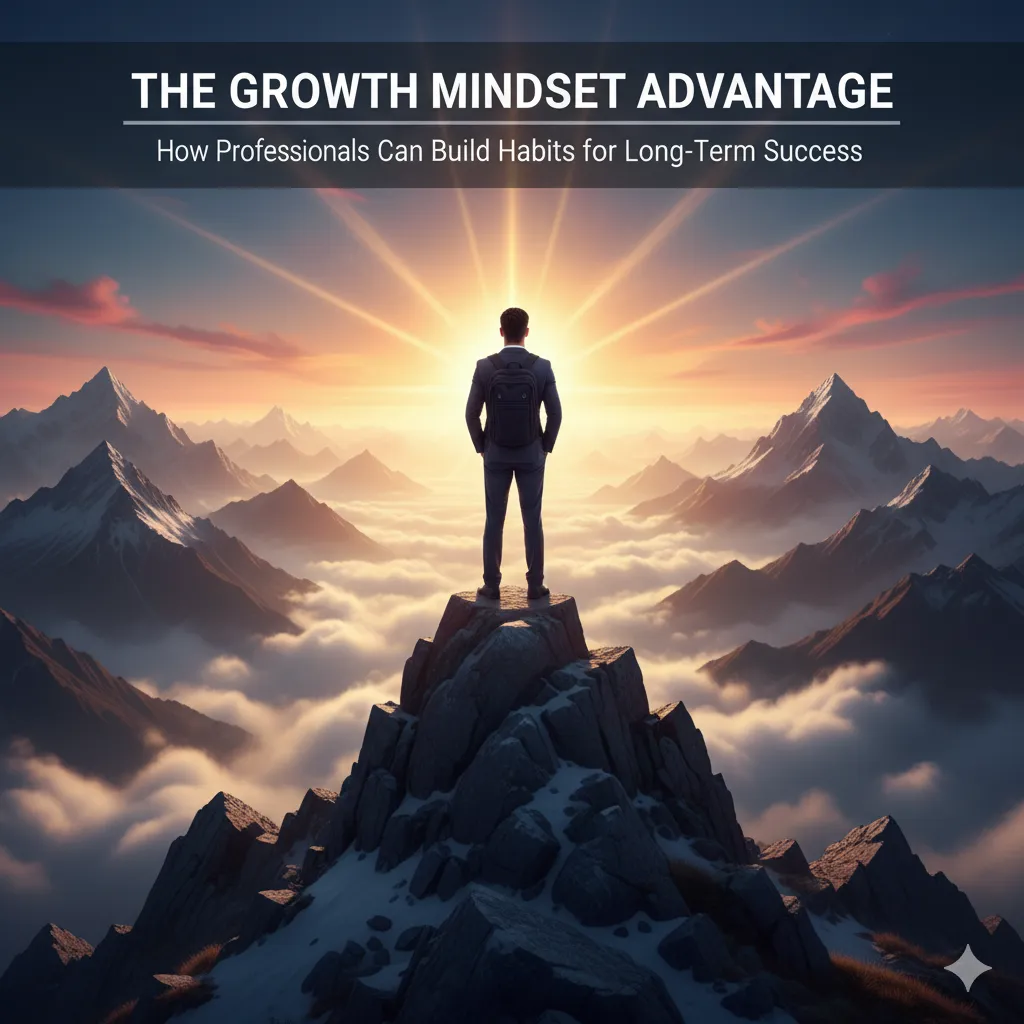 Ultra-realistic photo of a professional standing on a mountain peak at sunrise, looking forward with confidence, symbolizing growth and success.