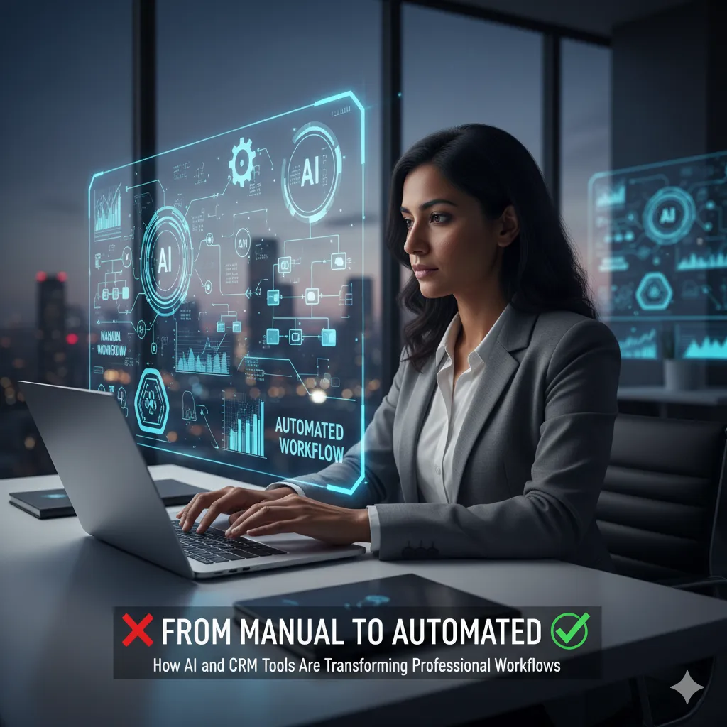 Ultra-realistic photo of a professional using a laptop with holographic AI and CRM dashboards projected in the air, modern office, futuristic vibe.