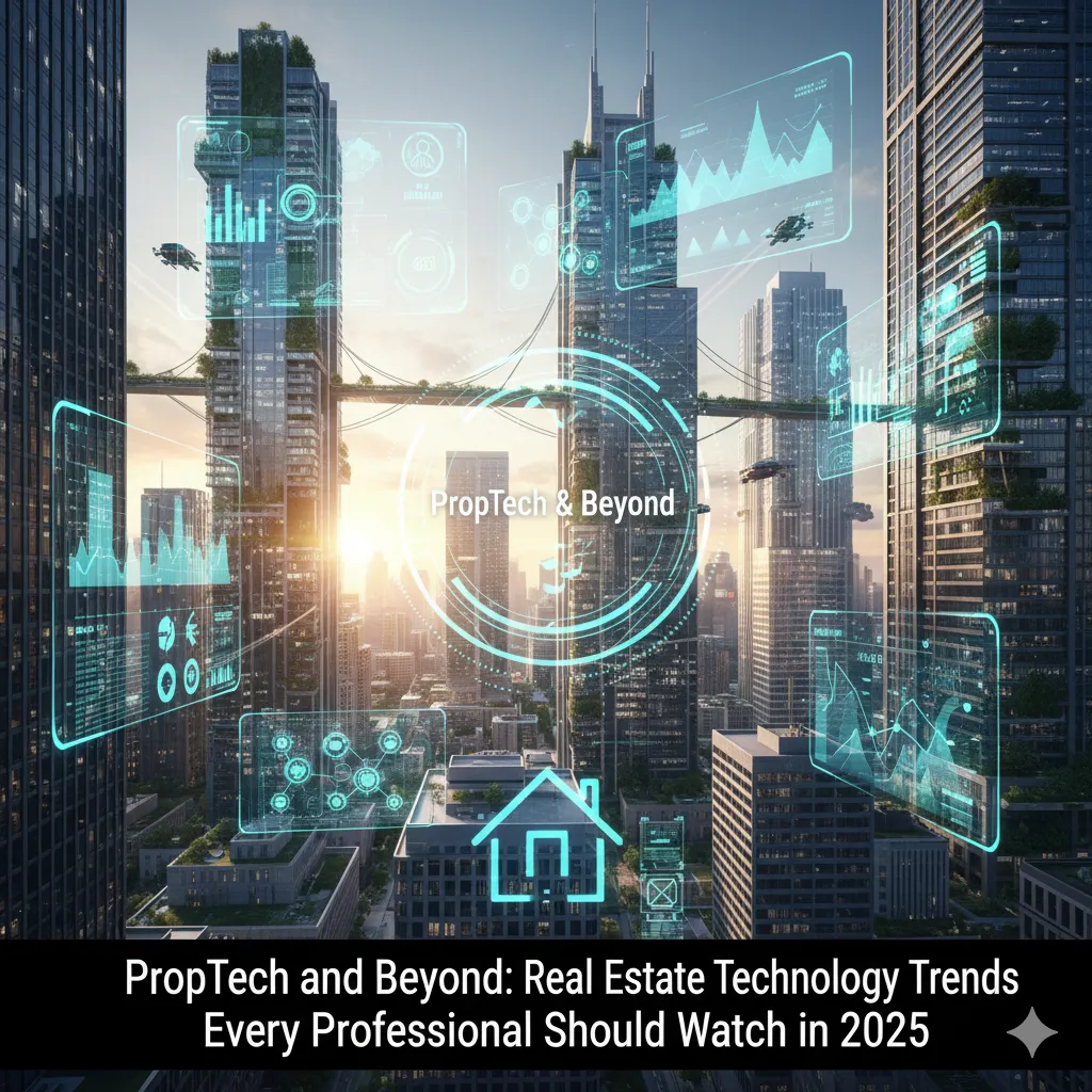 Futuristic city skyline with digital real estate data overlays representing PropTech trends.