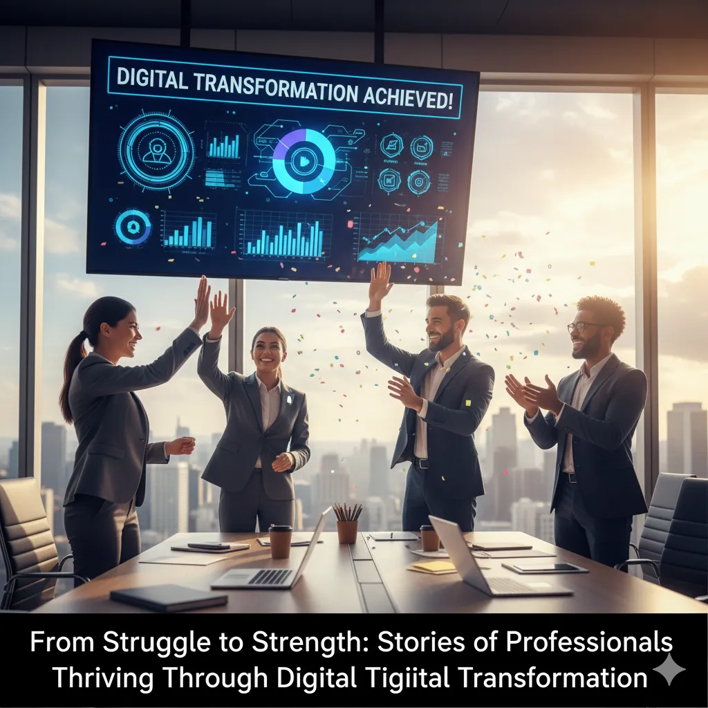 Professionals celebrating success after achieving digital transformation in their workplace.