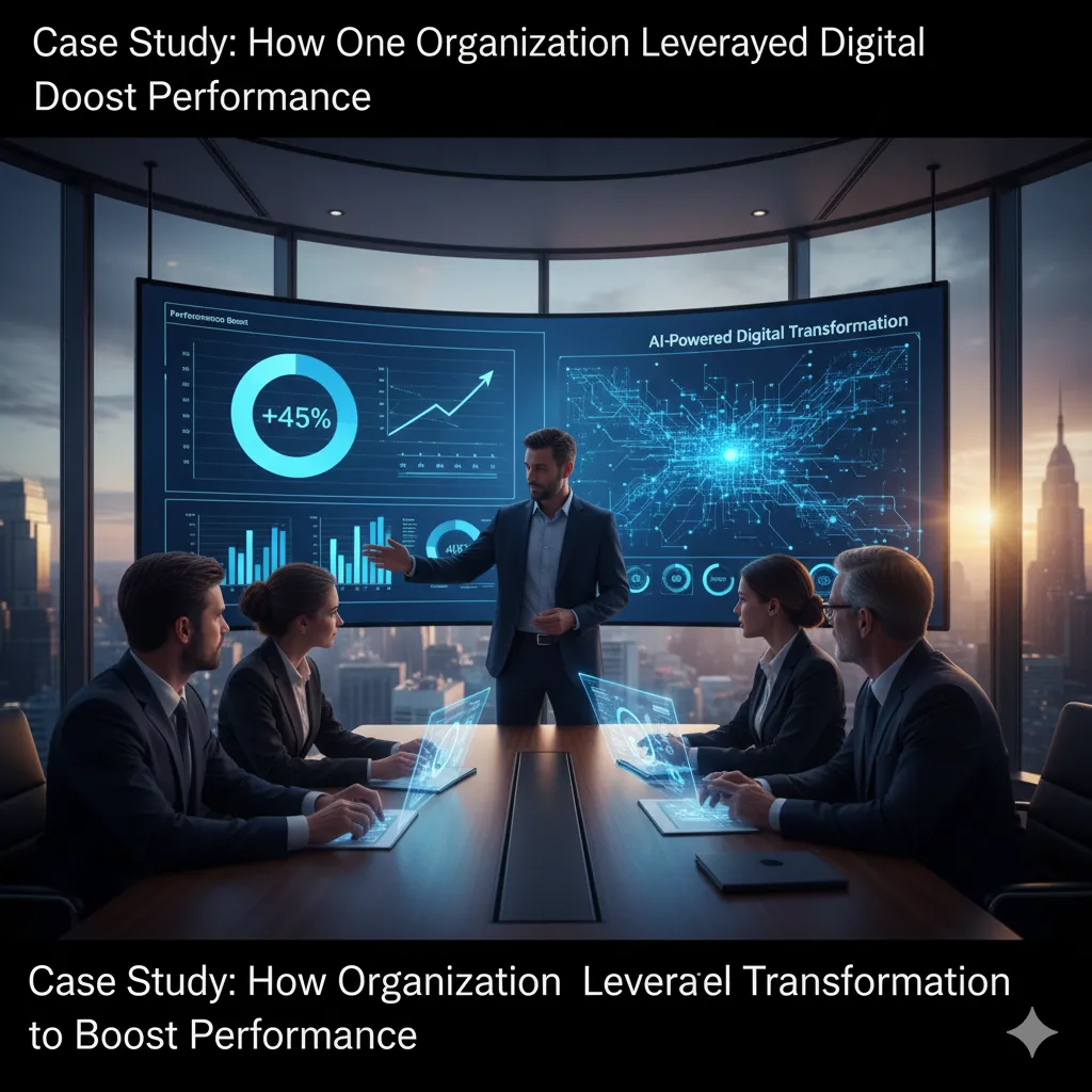 Business team reviewing digital transformation results on performance dashboards.
