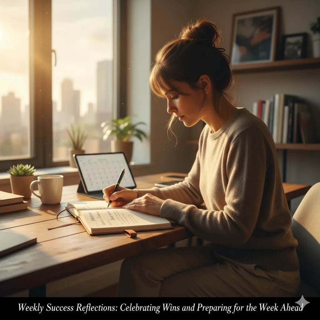 Professional writing reflections and plans at a desk with sunlight symbolizing growth.