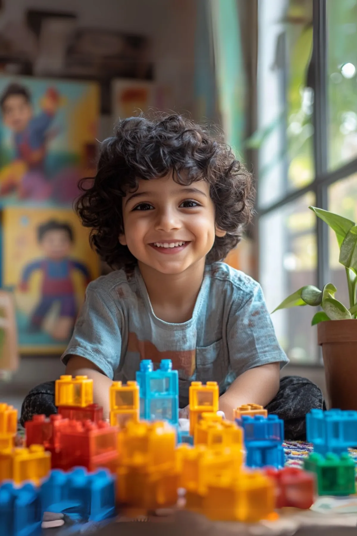 Smiling child sitting in a sunlit room, playing with colourful building blocks, symbolising creativity, growth, and the nurturing environment provided through play counselling for emotional development and resilience."