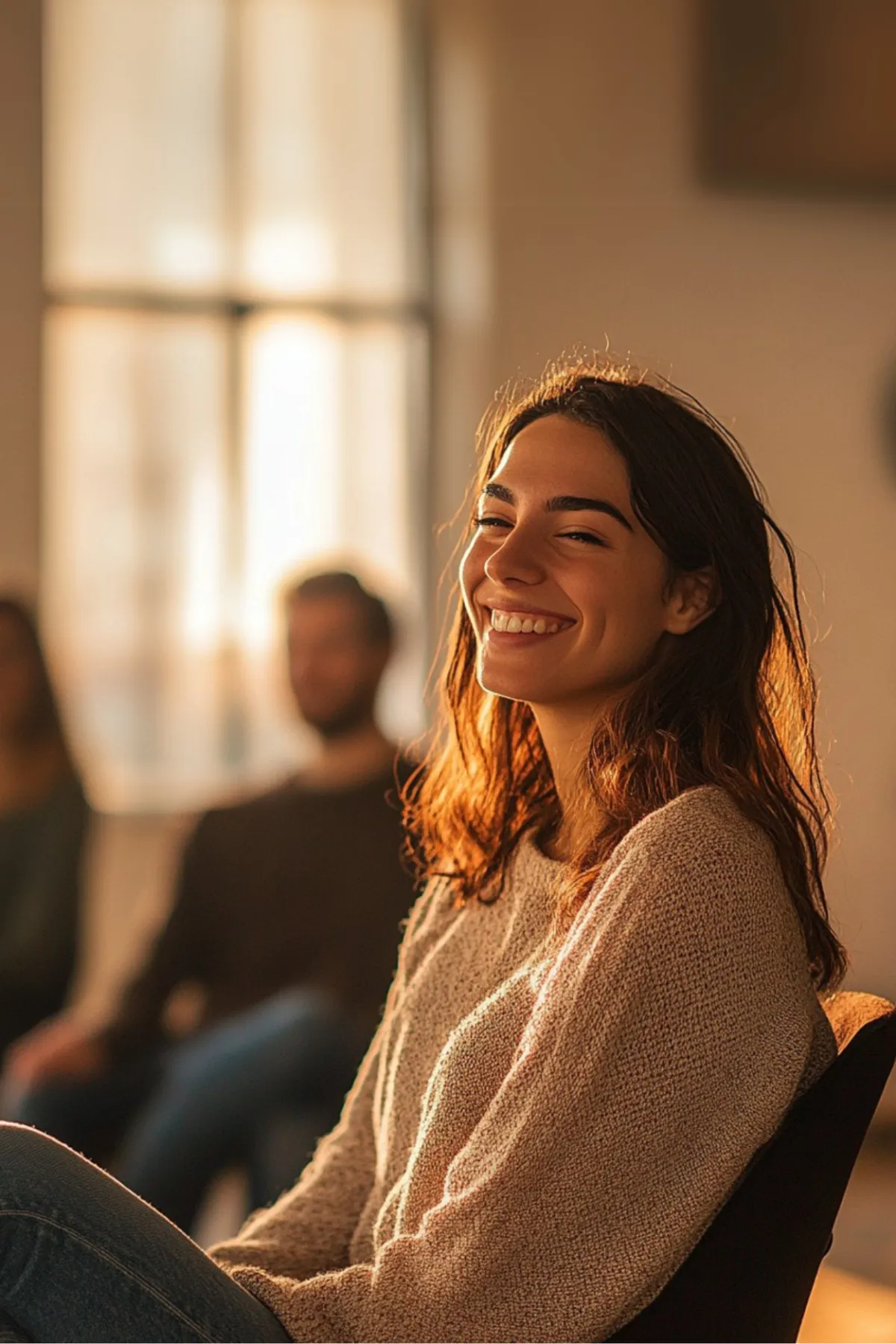 Awoman sitting in counselling smiling at the people around her showing how counselling can help someone break free from addiction