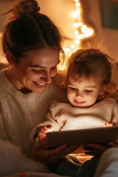 Mother and young child cuddling on the couch, smiling while using a digital tablet together in a warm, softly lit home environment — symbolising mindful parenting and balanced screen time.