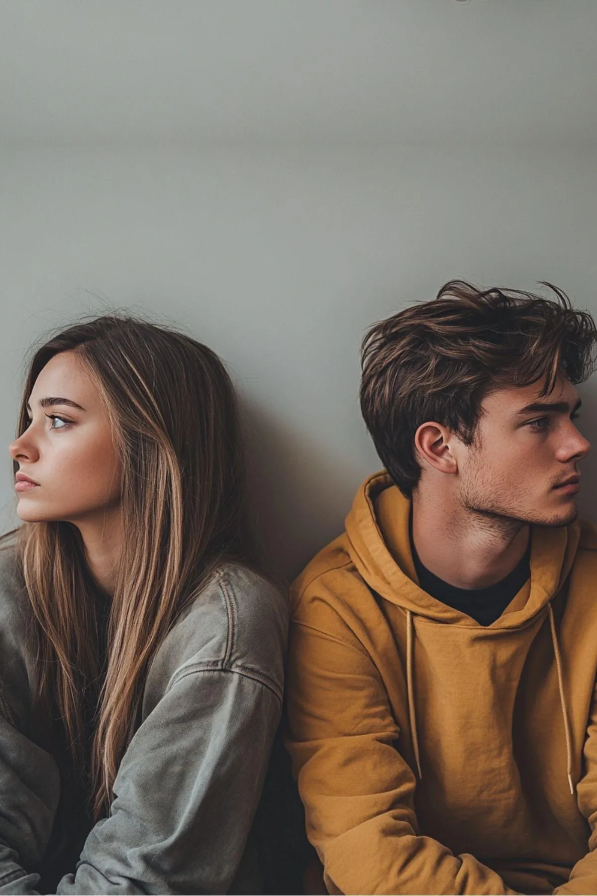 Young couple sitting back-to-back with distant expressions, symbolising emotional disconnection, relationship conflict, and unhealthy communication patterns.