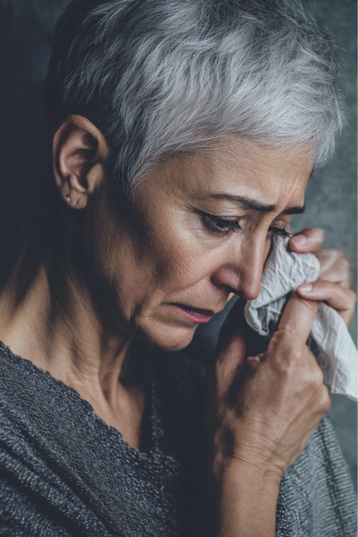 Elderly woman grieving alone while holding a tissue, symbolising emotional pain and the need for grief counselling in Johannesburg.